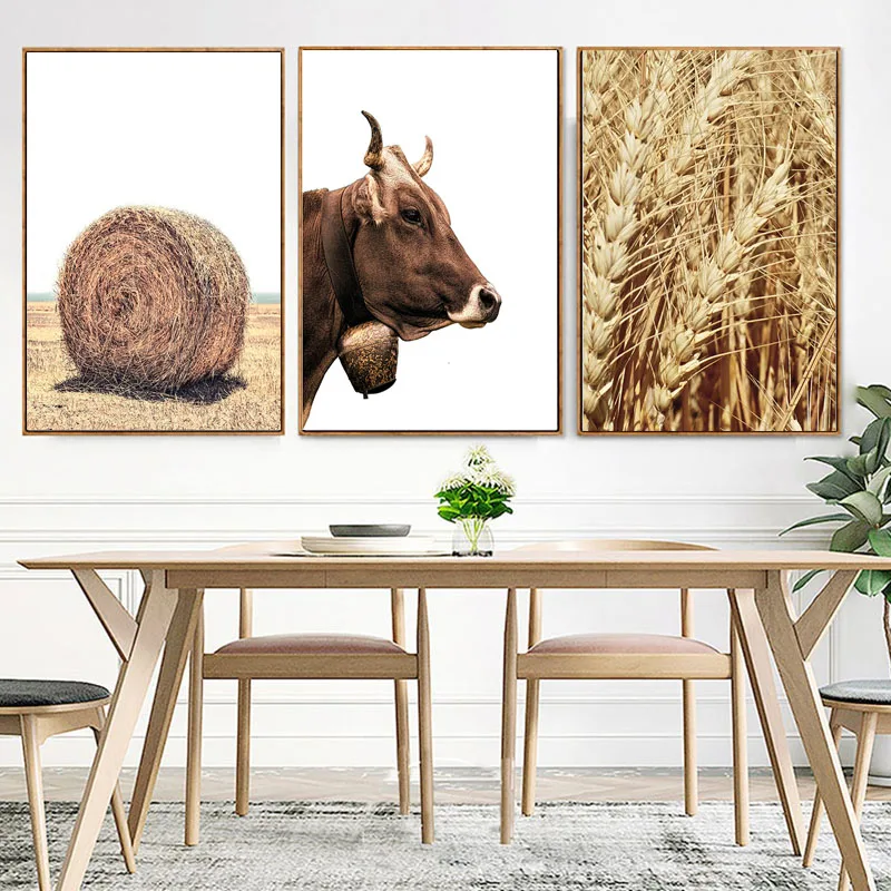 

Minimalist Farmhouse Animals Poster Wood Wall Art Golden Wheat Canvas Print Painting Dining Room Kitchen Room Modern Home Decor