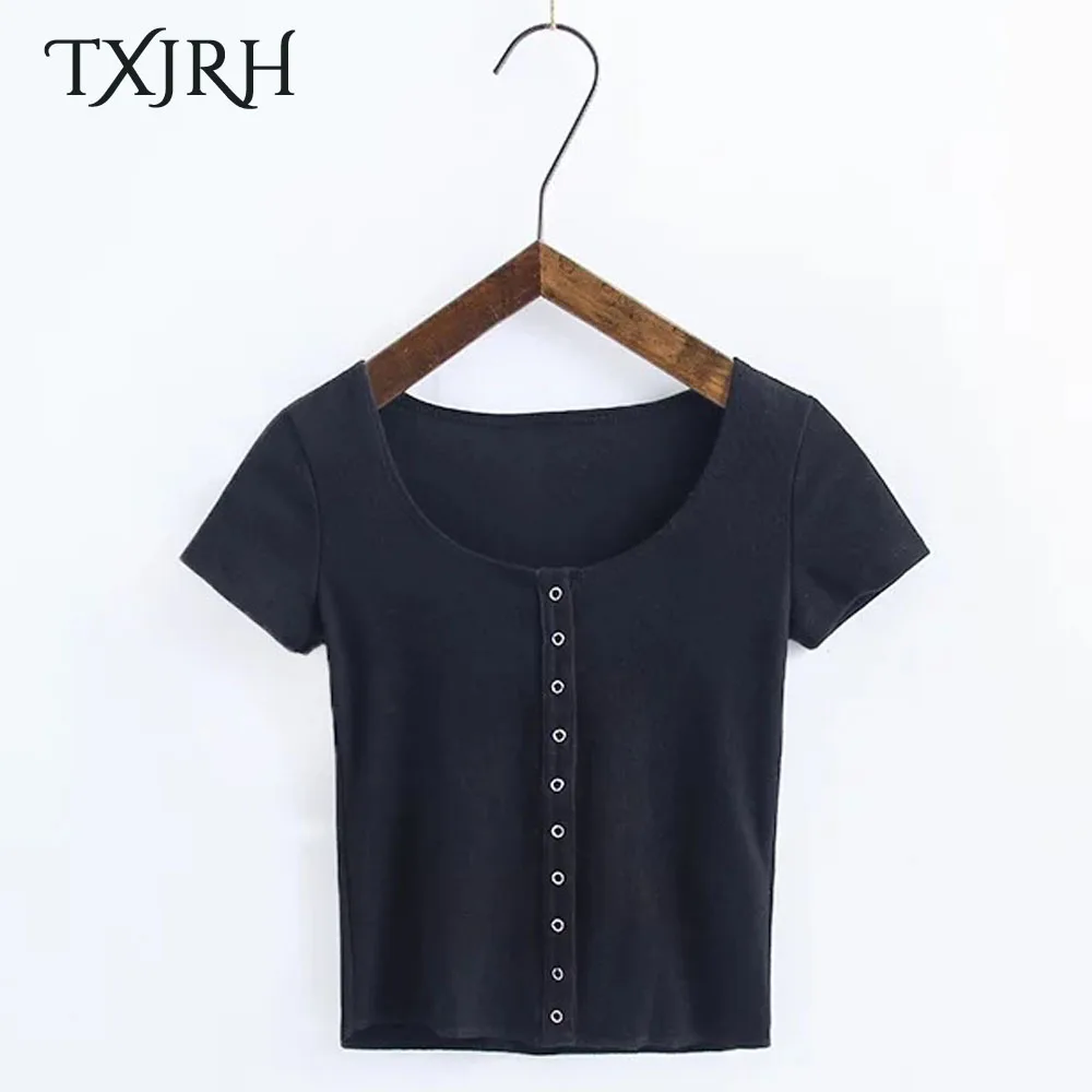 TXJRH модная однобортная футболка с круглым вырезом и коротким рукавом сексуальная