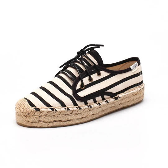 

White and black women lace up espadrilles casual striped Jute platform and rubber outsole women shoes