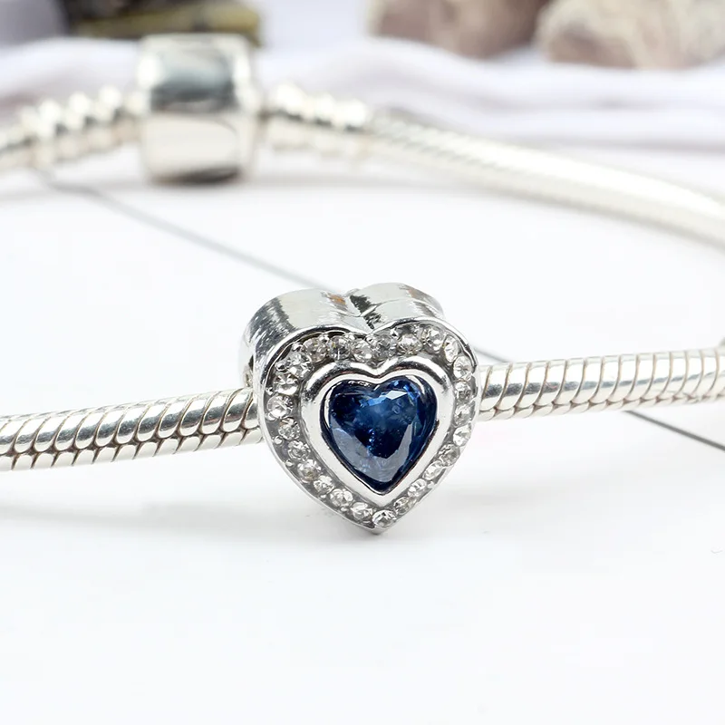 Новинка, браслет Pandora Charms, подвеска, брелок, ювелирные изделия для женщин, сердце, браслет с голубыми кристаллами, сделай сам, бусы