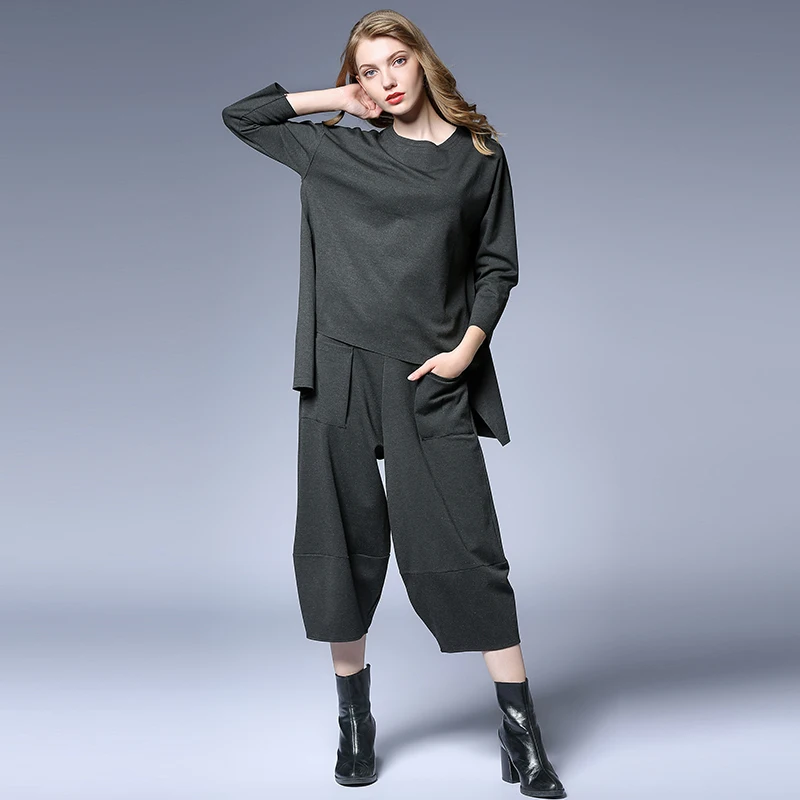 

2018 Autumn Fashion Women Street Style Two piece Set Loose Asymmetrical Pullover+Casual Lantern Pants women Set twinsets XL-4XL