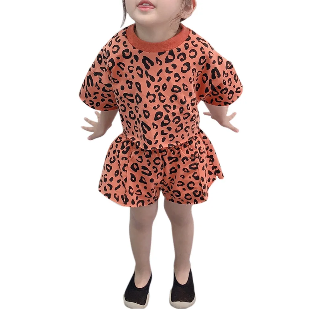 

Summer Baby Girls Short Sleeve Leopard Print T-shirt +Shorts Suits Casual Outfits Sets