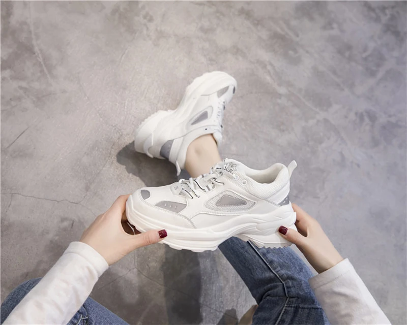 Jookrrix/Белая обувь; женские кроссовки на платформе; zapatos de mujer; коллекция года; сезон весна; натуральная кожа; chaussures femme; Женская обувь в стиле пэчворк