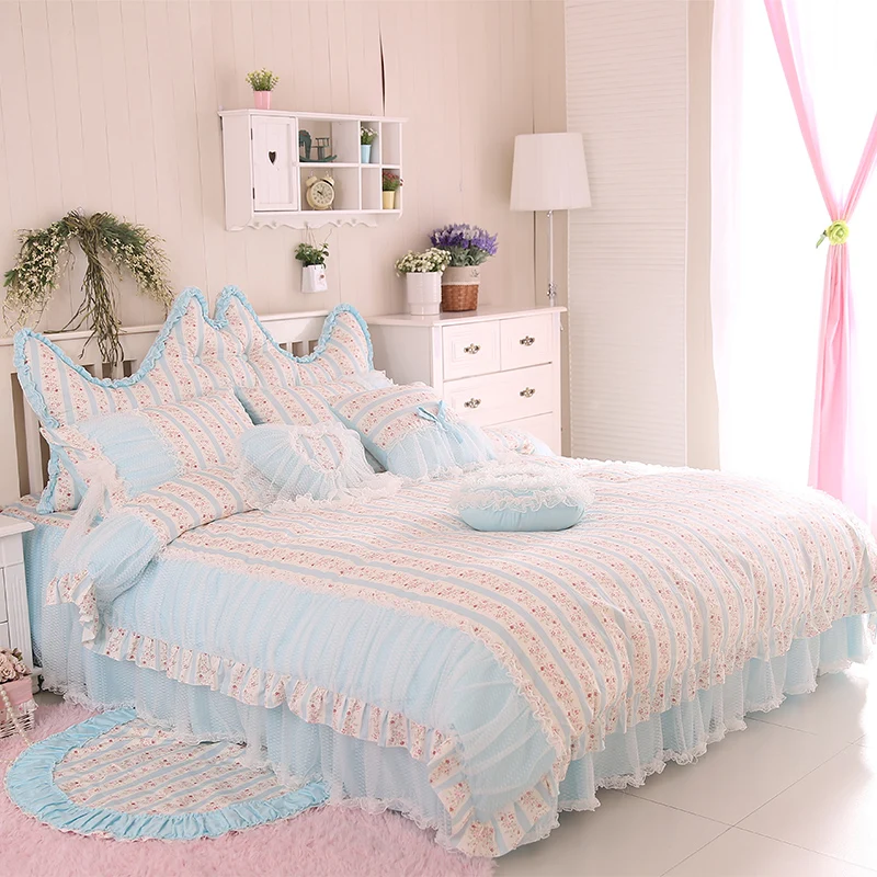 three-colour bedding set flower duvet cover ruffle lace bed skirt princess bedroom textile pastoral style 4/6/8pcs | Дом и сад