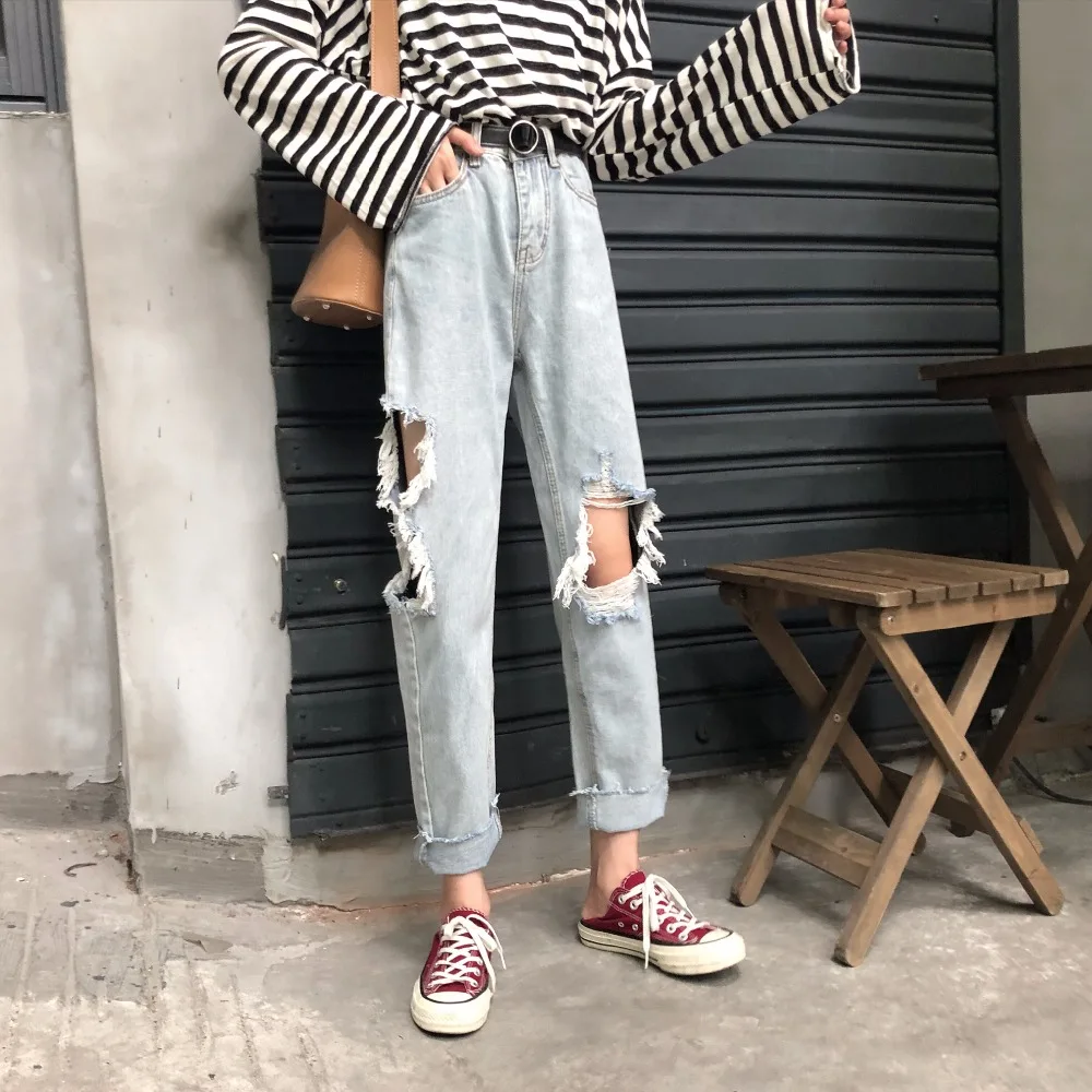 autumn 2018 Korean fashion casual pants ladies plus size ripped high waist jeans Streetwear Wide leg denim pans womens bottom |