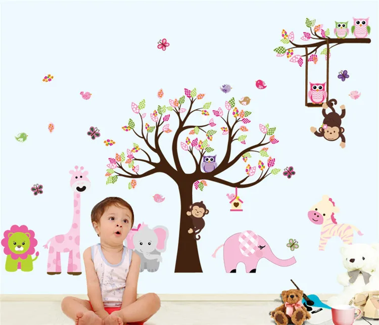 

Latest XXL Cartoon Animals Zoo Owl Butterfly Monkey Wall Stickers for Kids Room Home Decor Colorful Tree Decal Stick on Wall