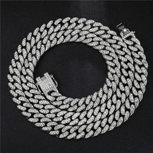 Silver Necklace Хип-хоп, 13 мм, кубинское звено, цепочка, ожерелье, браслет, Iced Out, золото, серебро, украшение с прозрачными стразами для Мужчин, Ювелирные изделия - Окраска металла: Silver Necklace
