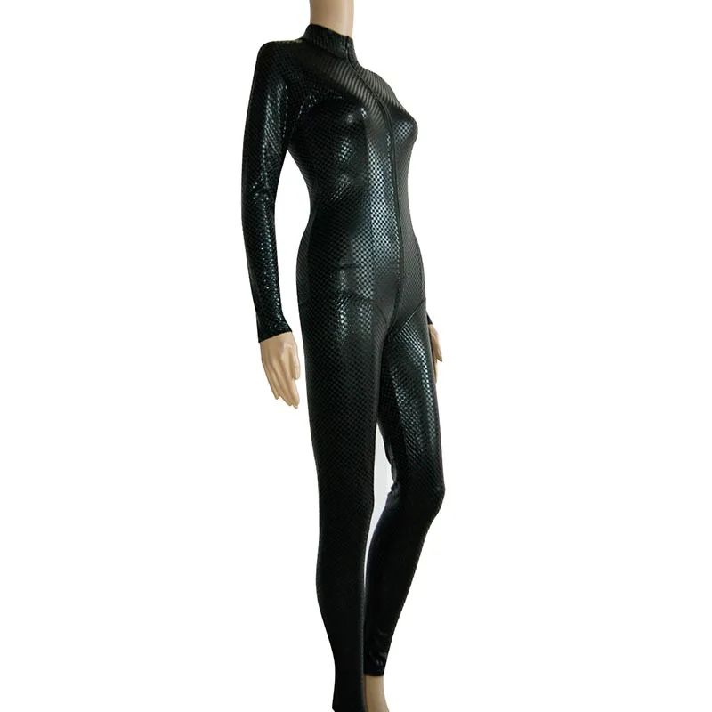 Женский комбинезон из искусственной кожи черный спандекса с длинными рукавами и