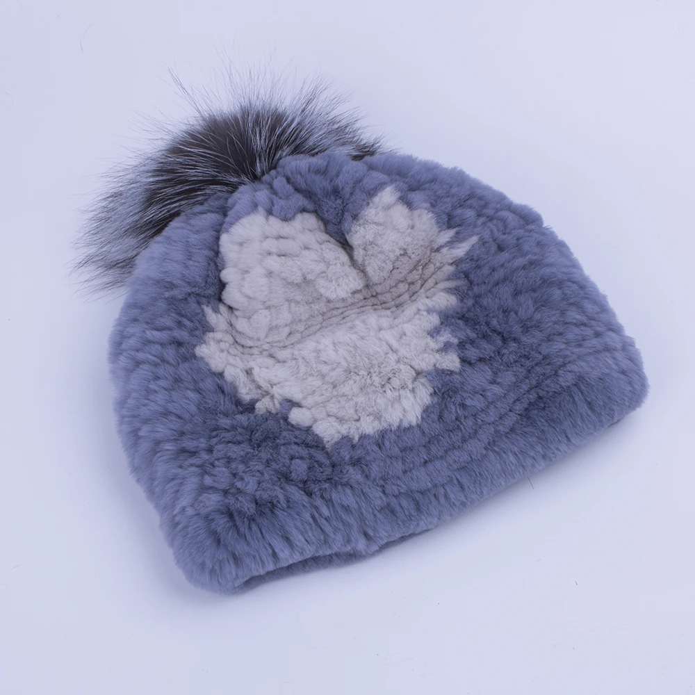 

YCFUR Women Hat Cap Beanie Winter Super Elastic Knit Rex Rabbit Fur Beanies Hats With Silver Fox Fur Pom Hat Cap For Women