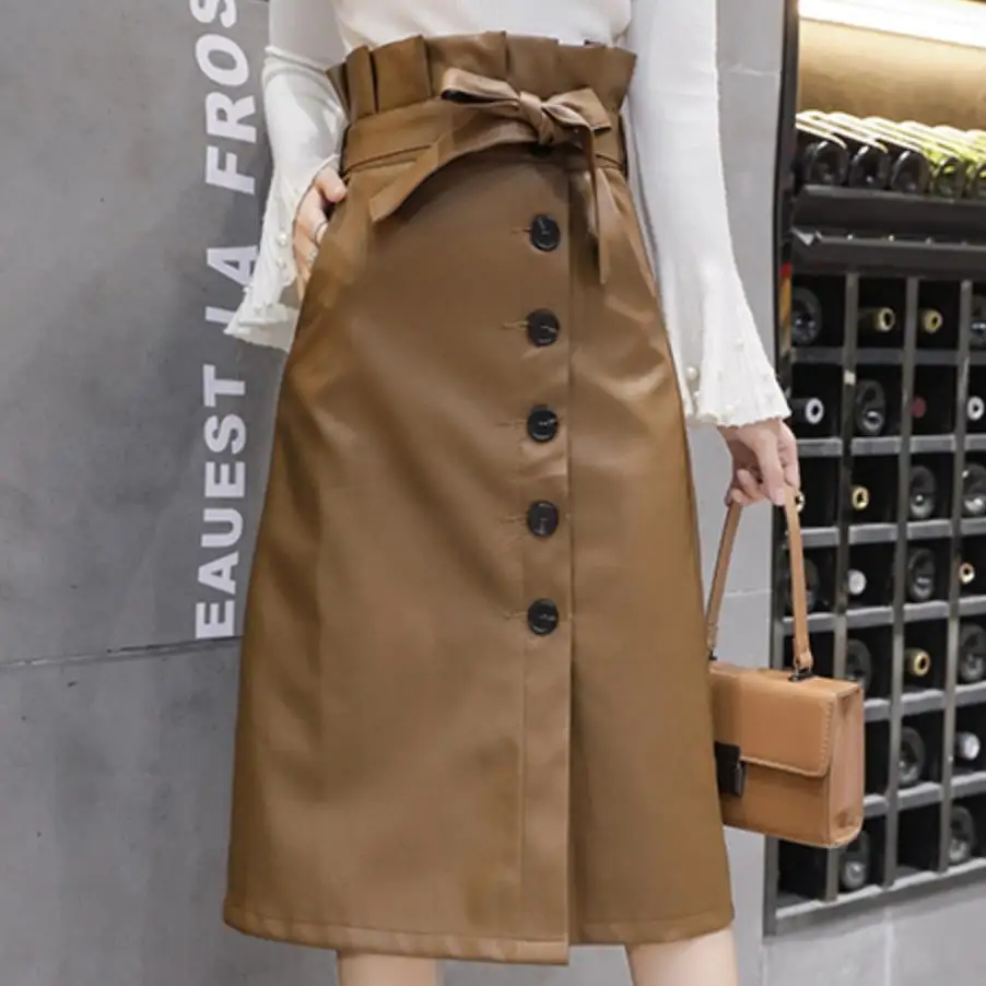 Юбка женская из искусственной кожи с высокой талией на осень и зиму|Женские юбки|