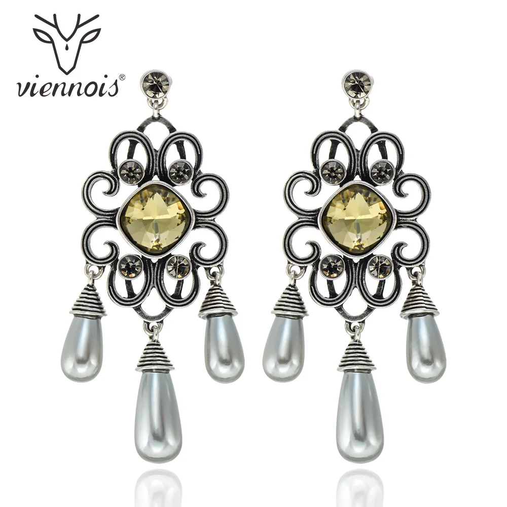 

Viennois Vintage Yellow Blue Crystal Dangle Earrings Pattern Geometric Simulated Pearl Drop Earrings Fashion Jewelry Party Gift
