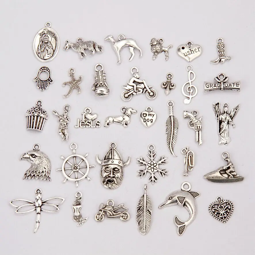 Горячая продажа 100 шт Ретро Серебряная Снежинка & собака перо Русалка Ангел микс