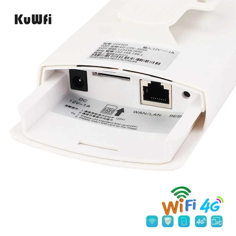 KuWFi Водонепроницаемый Открытый 4G CPE Маршрутизатор 150 Мбит / с CAT4 LTE Маршрутизаторы 3G / 4G SIM-карта WiFi-маршрутизатор для IP-камеры / вне зоны покрытия WiFi