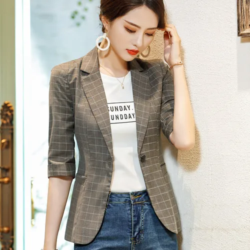 Brown plaid Новая модная клетчатая куртка женский формальный темпераментный блейзер с короткими рукавами Офисная Леди Бизнес интервью размера плюс пальто для работы - Цвет: Brown plaid