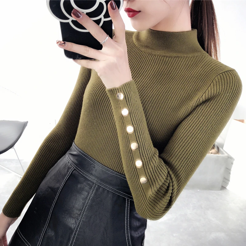 

2020 Autumn Fashion Women Sweaters Half Turtleneck Pullover Women Winter Tops Metal Button Slim Jumpers Ladies Knitted Sweater