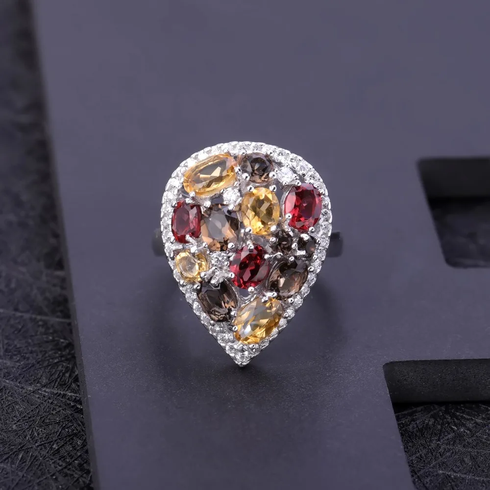 GEM'S балетные Роскошные серьги-капли с натуральным дымчатым кварцем и Цитрином, набор колец из 925 пробы серебра, набор украшений для женщин, хорошее ювелирное изделие