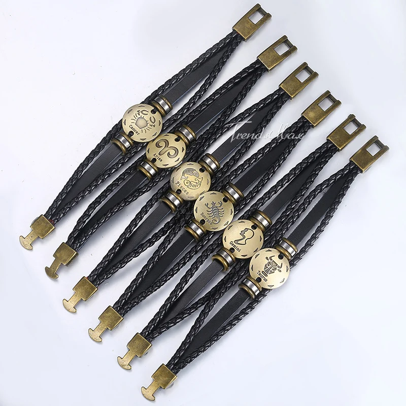 Men's 12 Zodiac Sign Horoscope Leather Bracelet 2018 Vintage Retro Charm Male Bracelets Wholesale Jewelry Gifts For Men HLBM136A |