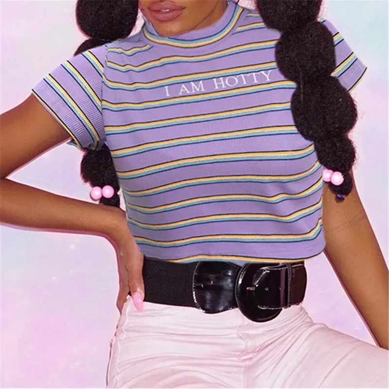Женская футболка с принтом в полоску Корейском стиле укороченный топ короткими