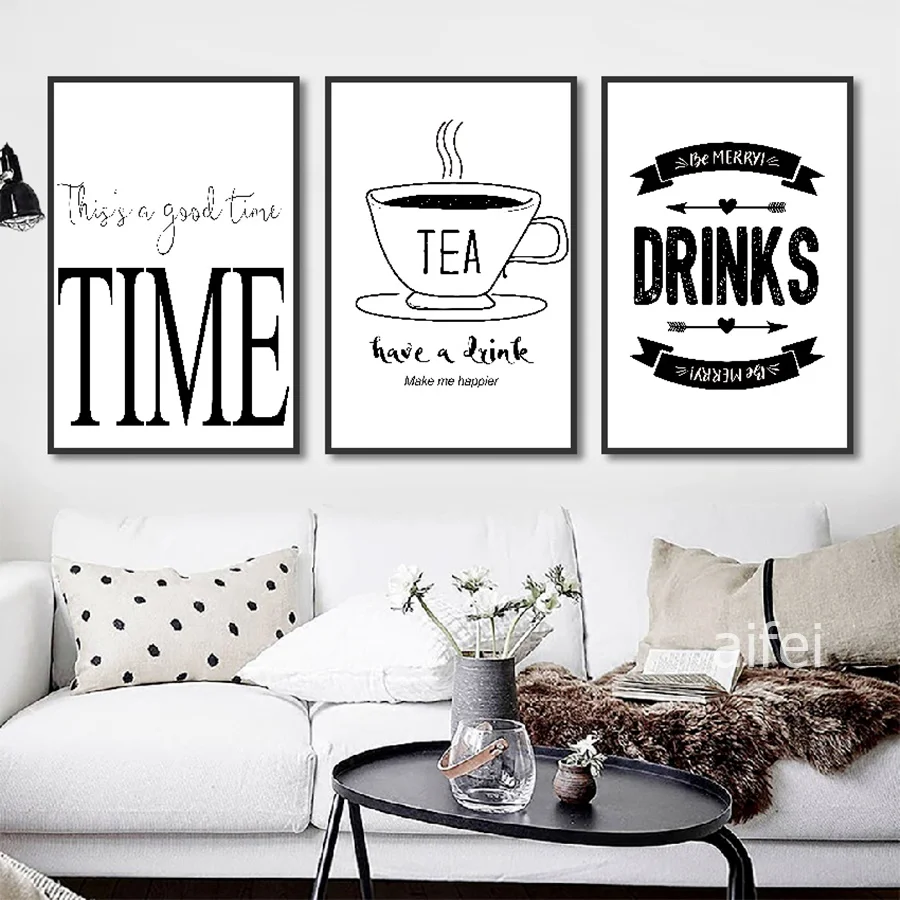 

Nordic Style Black And White Alphabetic Tea Cup Canvas Painting Kitchen Wall Art Picture Modern Home Decoration Poster Unframed