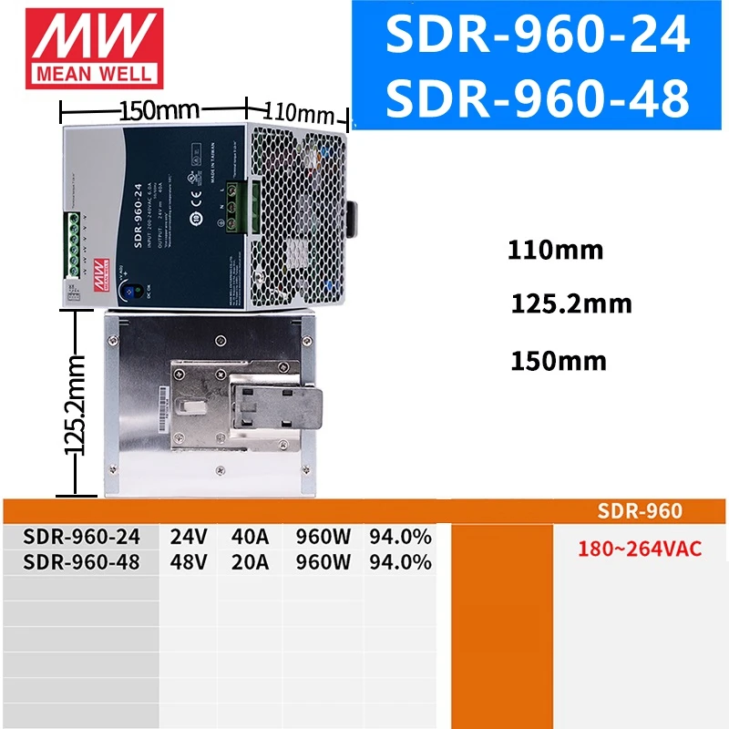 MEAN WELL промышленная din рейка с одним выходом 120 240 480 12 24 48 В meanwell SDR P 960 PFC|Импульсный