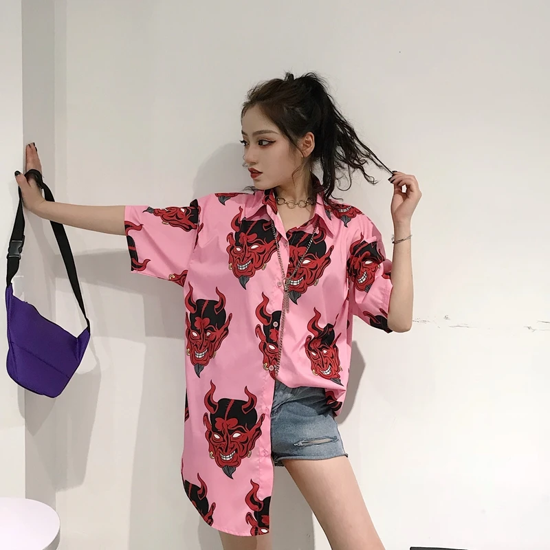Harajuku мода мультфильм печати Для женщин рубашка Ретро хлопковые свободные