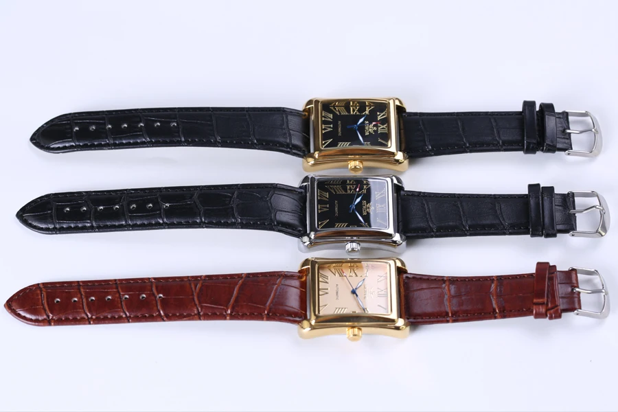 

New Luxury Brand Men Watches Vintage Automatic Mechanical Watch Rectangle Calendar clock Military WristWatches leather Strap
