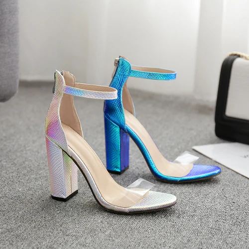 

Women's fashion magic color snake pattern word with square head high heels transparent PVC back zipper party sexy shoes 35-42
