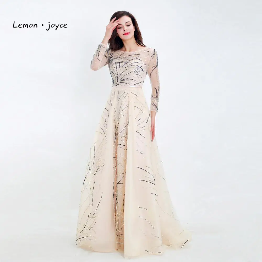 Lemon joyce Formal Evening Dresses with Long Sleeves O-neck Illusion A-Line Prom Dress Party Gowns Plus Size