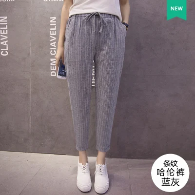 grey striped Gowyimmes, большие размеры, S-2XL, женские шаровары, повседневные, черные, серые, клетчатые штаны, Harajuku, женские штаны длиной до щиколотки, брюки, хит 311 - Цвет: grey striped