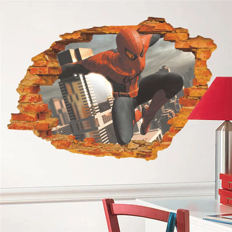 Cartoon 3d Effect Broken Brick Spiderman Wall Sticker For Kids Rooms Children's Decals Boy's Room Decor Mural Poster gift | Дом и сад