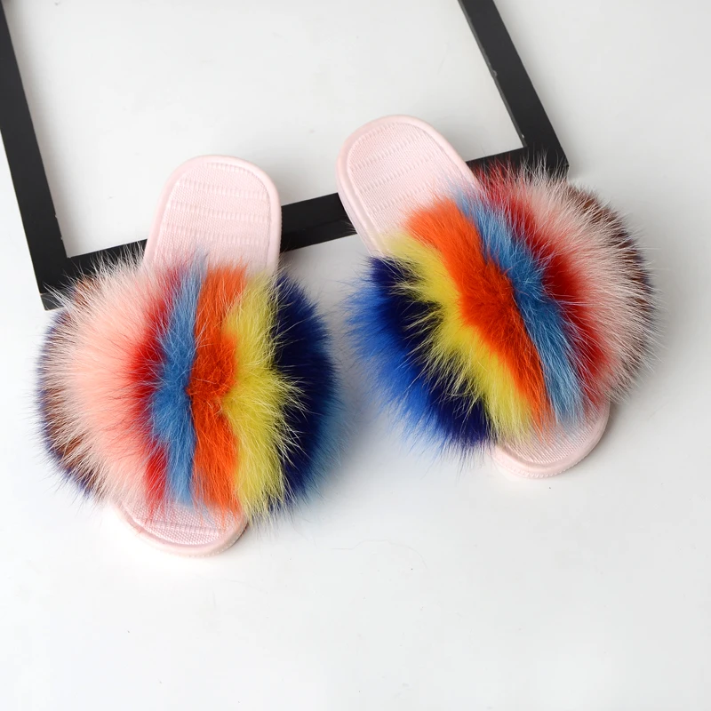 

Women's Fox Fur Slipper Real Raccoon Fur Slides Beach Flip Flops Slip On Flip Flops Furry Slides Sandals Big Fluffy Fur Shoes