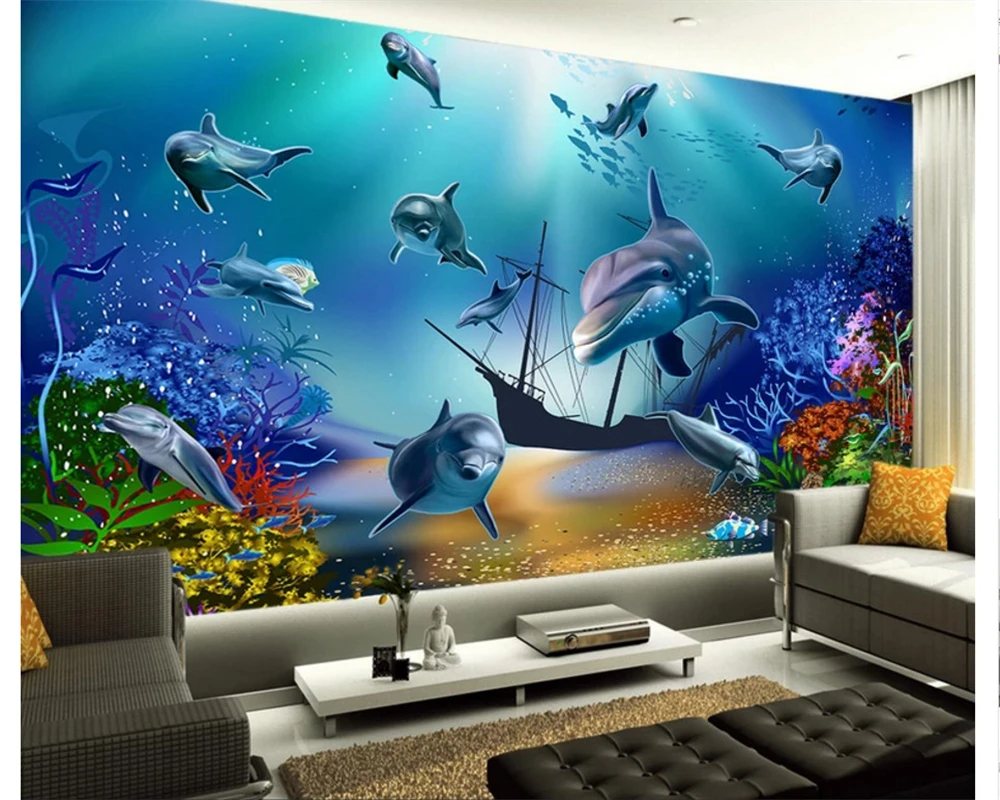 

beibehang Fashion Seamless Wallpaper 3D Stereo Seaside papel de parede 3d wallpaper World Dolphin TV Bedroom Background Wall