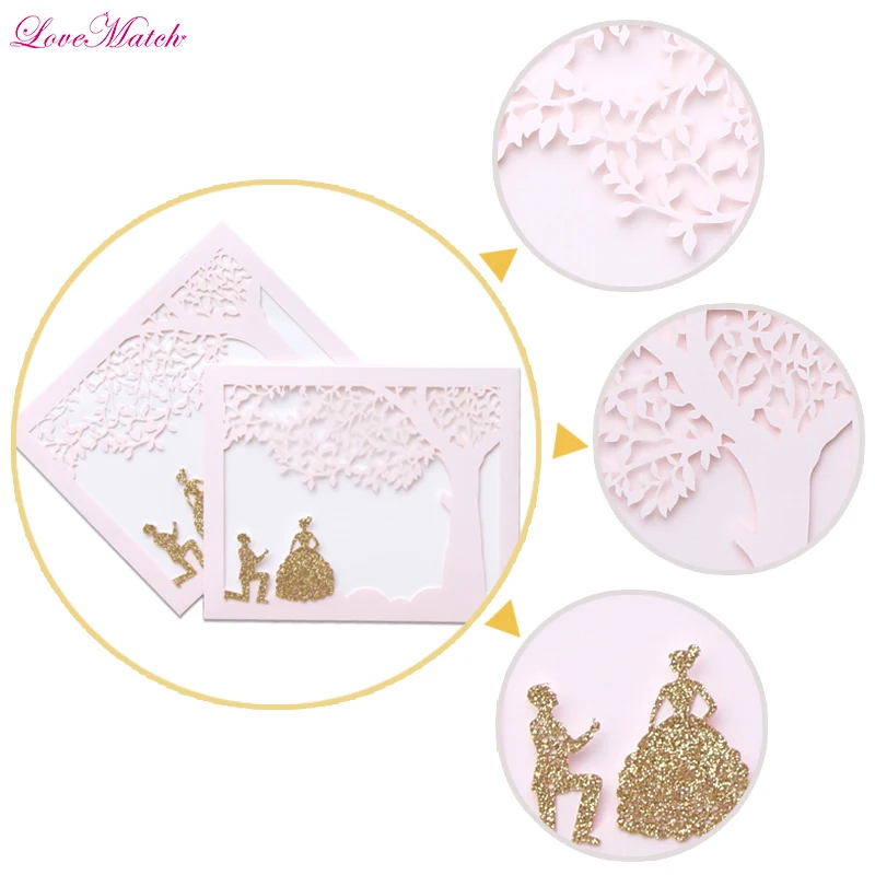 50 шт/лот лазерная резка Обложка пригласительная карта Золотая невеста жених