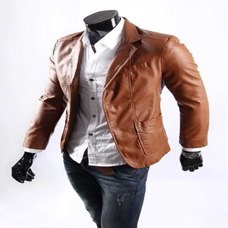 2016 Новые Кожаные Куртки Мужчины Черный отложным Воротником Мотоцикл Две Кнопки