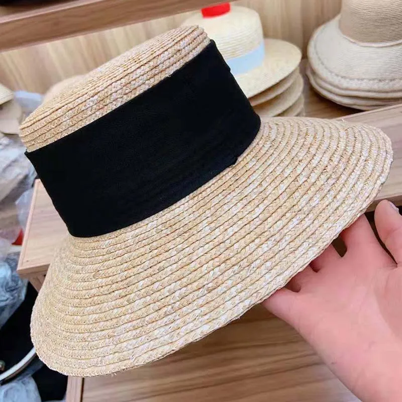 New Classical Ribbon Women Wheat Straw Hats 12cm Wide Brim Summer Fedora Beach Hat Ladies Floppy Kentucky Derby Sun Cap UPF50+