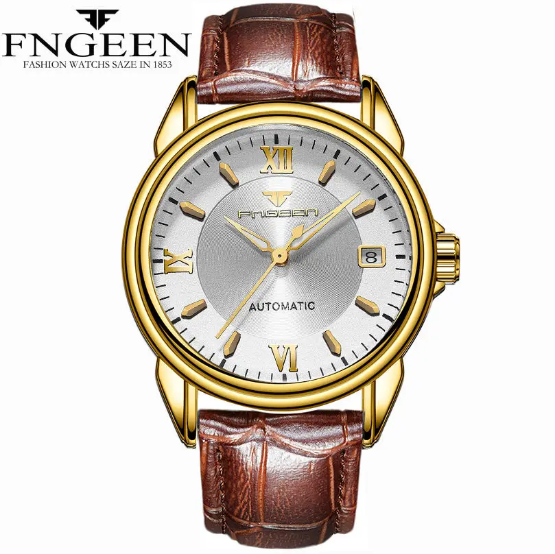 leather gold white FNGEEN, новая мода, топ, люксовый бренд, часы для мужчин, деловые часы, нержавеющая сталь, часы для мужчин, Автоматическая Дата, Relogio Masculino - Цвет: leather gold white