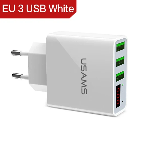 EU 3USB White USAMS, 3 порта, USB зарядное устройство для телефона, светодиодный дисплей, штепсельная вилка европейского стандарта, всего макс., 3 А, умное быстрое зарядное устройство, мобильное настенное зарядное устройство для iPhone, iPad, samsung - Тип штекера: EU 3USB White