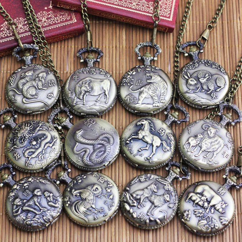2021 women men old father mother gift fashion Chinese zodiac animal large dial pocket watches quartz flip vintage fob clock | Наручные