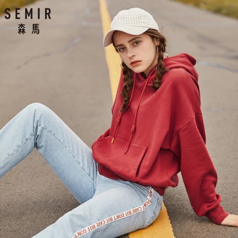 SEMIR Женская толстовка с капюшоном на флисовой подкладке, пуловер с заниженным плечом, толстовка с капюшоном на подкладке, капюшон с кулиской, трикотажная резинка на манжетах и подоле