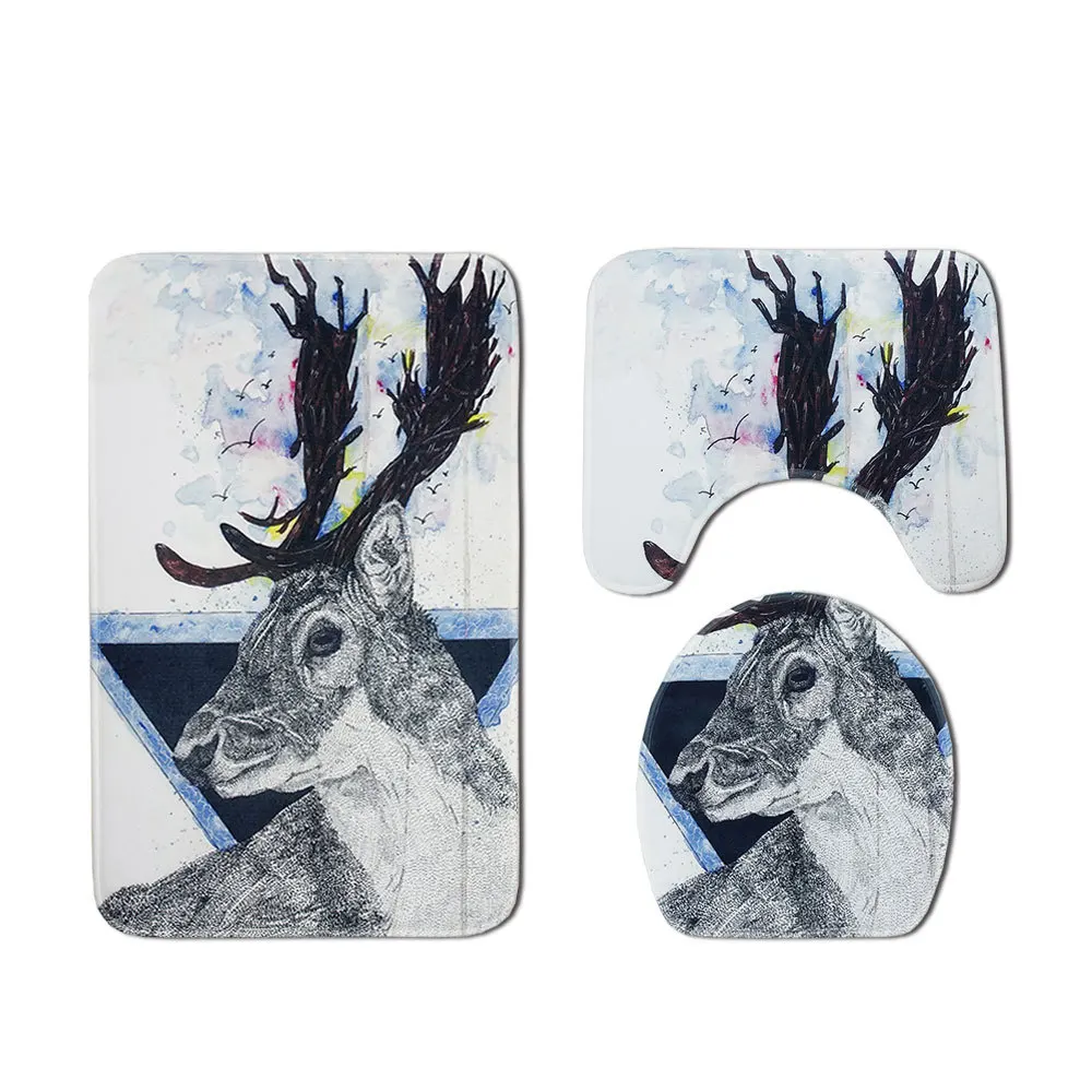 

3Pcs Christmas Bath Mat 3D Elk Printed Bathroom Carpet Non-slip Bath Rugs Mat For Toilet Absorbent Lid Cover Toilet Bathroom Mat