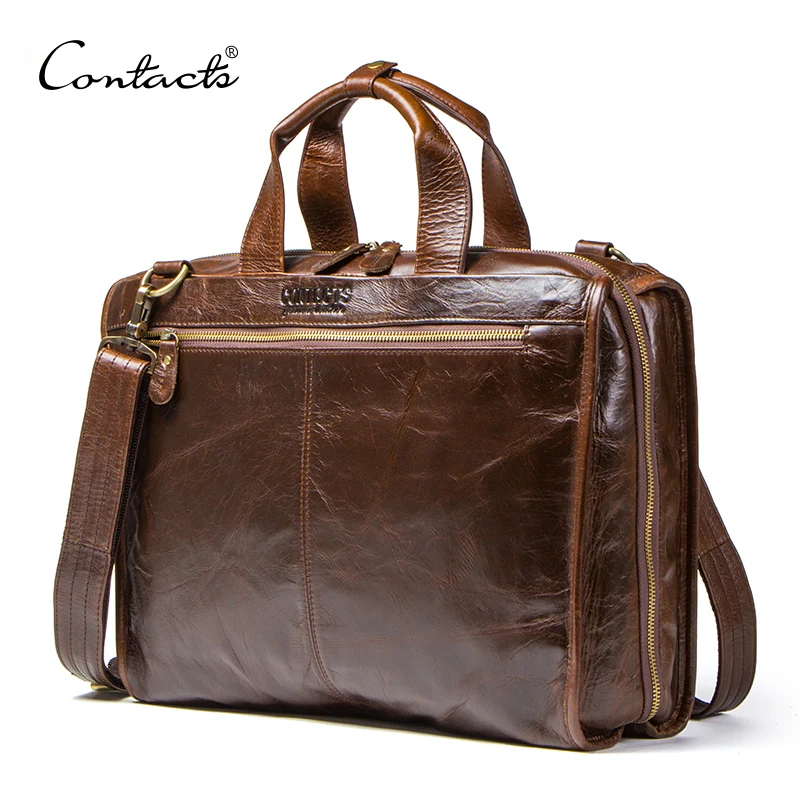 

CONTACT'S Portfolios Briefcase Vintage Laptop Bag High Quality Genuine Leather Men Messenger Bags Multifunction Business Handbag