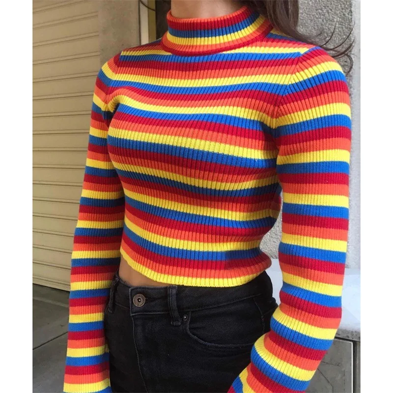 2019 Autumn Winter Women Pullovers Sweater Knitted Striped Casual Jumper Fashion Slim Turtleneck Warm Female Sweaters | Женская одежда