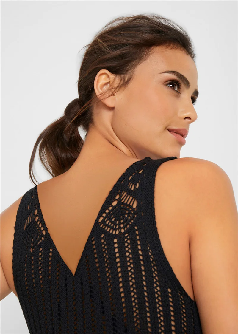 Fitshinling Hollow out knitted beach dress swimwear summer sundress v neck sexy hot slim black pareos side slit lace dresses new | Женская