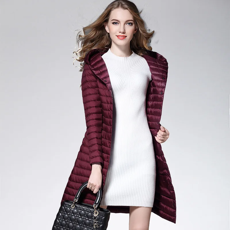 2017 новый зимний ультра легкий пуховик женский тонкий средней длины с капюшоном