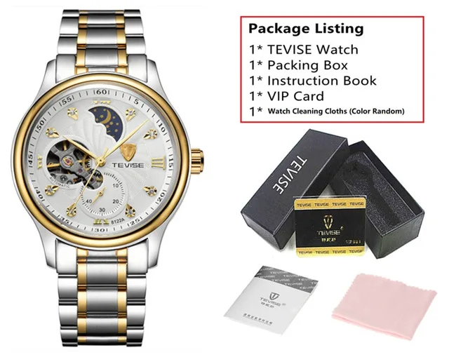 Брендовые часы, мужские роскошные часы TEVISE Tourbillon, автоматические механические часы, водонепроницаемые, с фазой Луны, стальные мужские наручные часы, мужские часы - Цвет: gold white