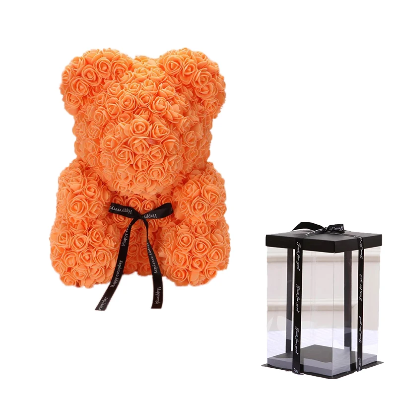 Orange with box Милый плюшевый мишка 25 см/40 см, искусственные цветы розы, PE розовый Мишка для женщин, подруги, подарок на День святого Валентина для детей на день рождения - Цвет: Orange with box