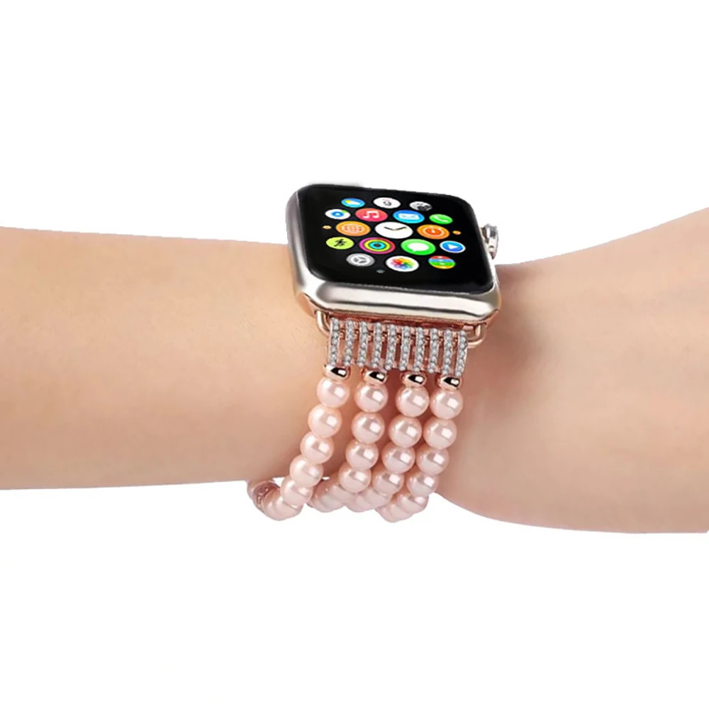 Ремешок женский с жемчужными бусинами для Apple Watch люксовый эластичный браслет iWatch