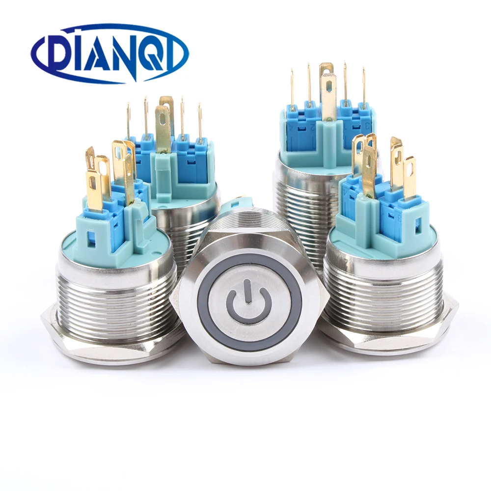 

22mm Power mark with illumination light Push Button Switch waterproof switch fixed momentary stainless steel 6pin