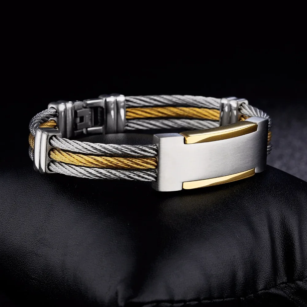 Fashion street three rows of steel wire gold men bracelet high quality titanium steel. | Украшения и аксессуары