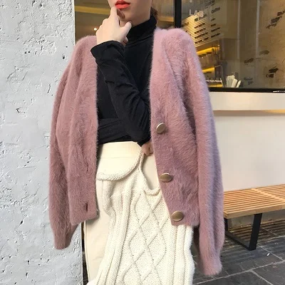 purple pink Зимний Корейский элегантный кардиган женский свитер Sueter mujer джемпер розовые свитеры металлические пуговицы негабаритное пальто Верхняя одежда Топы - Цвет: purple pink